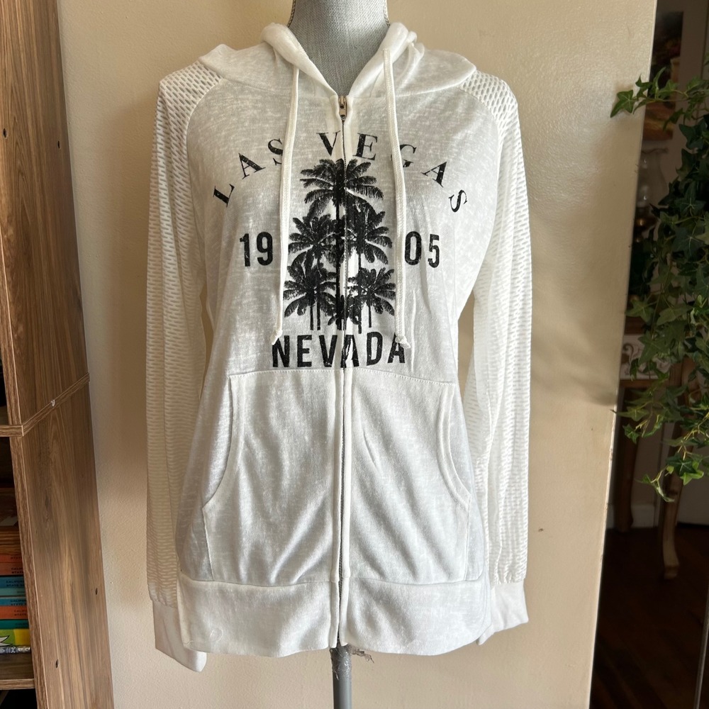 Y2K Zip Up Hoodie Women XL White Excellent Las Vegas Graphic Mesh Sleeve